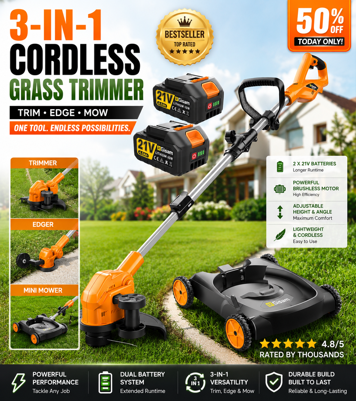3-in-1 Cordless Grass Trimmer Pro™